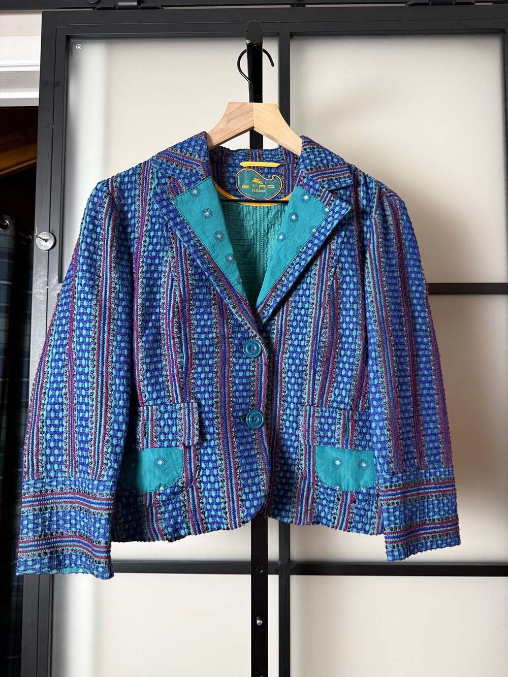 Etro Blue Woven Cropped Embroidered Blazer Size 44